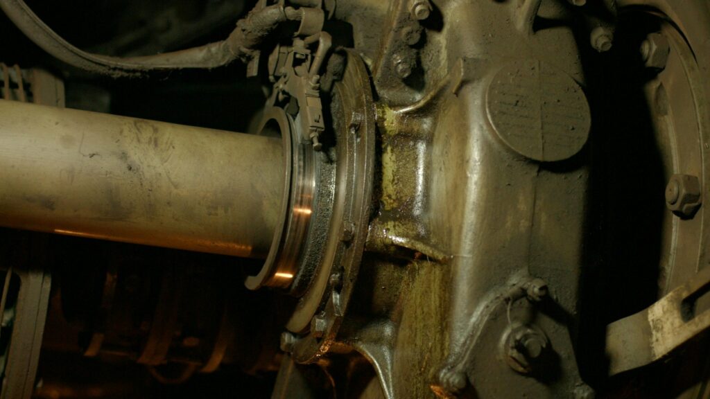 Metal train engine close up.
